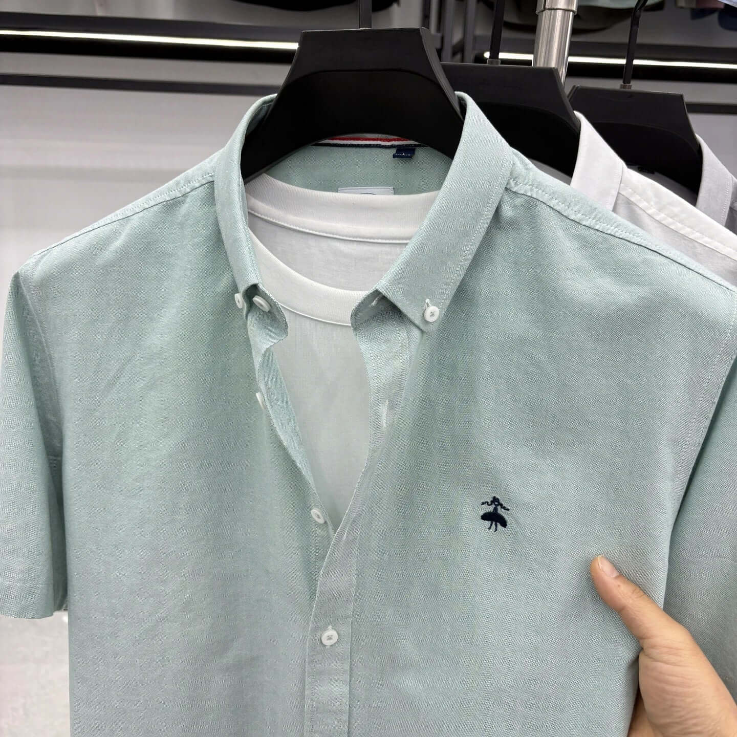 Summer Short Sleeve Shirt Men's Slim Fit Half Sleeve Non-ironing Oxford Spinning Gray-Blue Plaid Business Casual Shirt